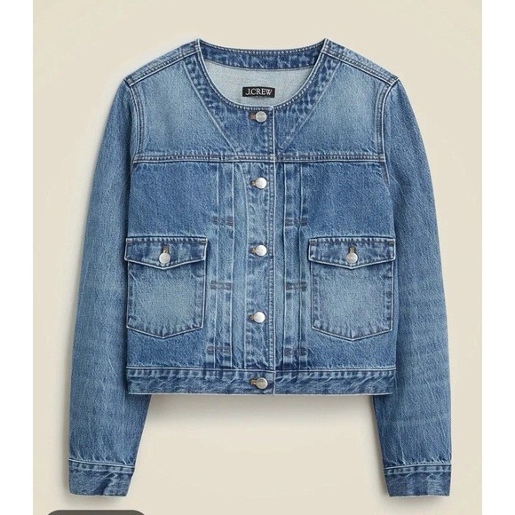J.CREW Jackets & Blazers - EUC J.Crew Denim LADY JACKET Round Neck Button Cropped Pleated CC952 Blue XXL